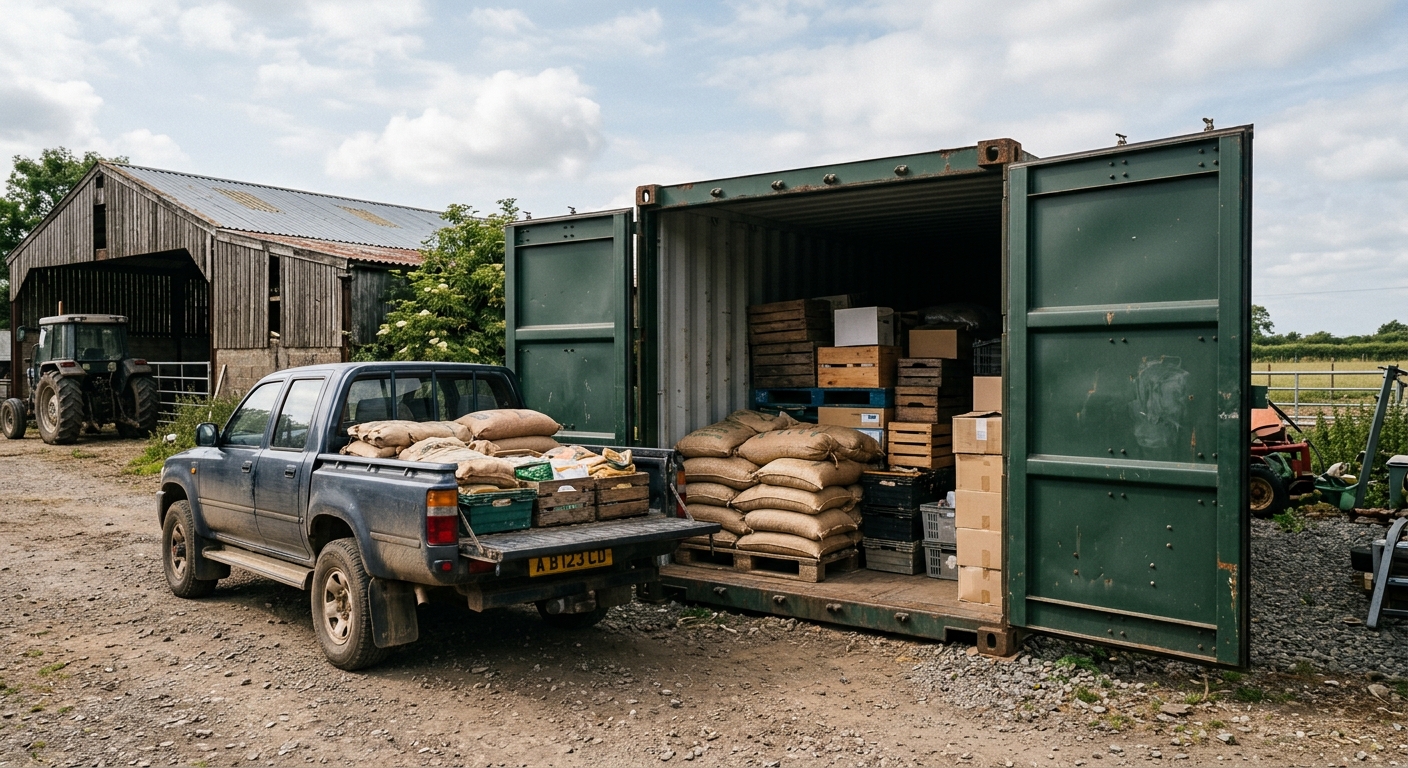 Someone carrying boxes out to a hire van beside a storage unit