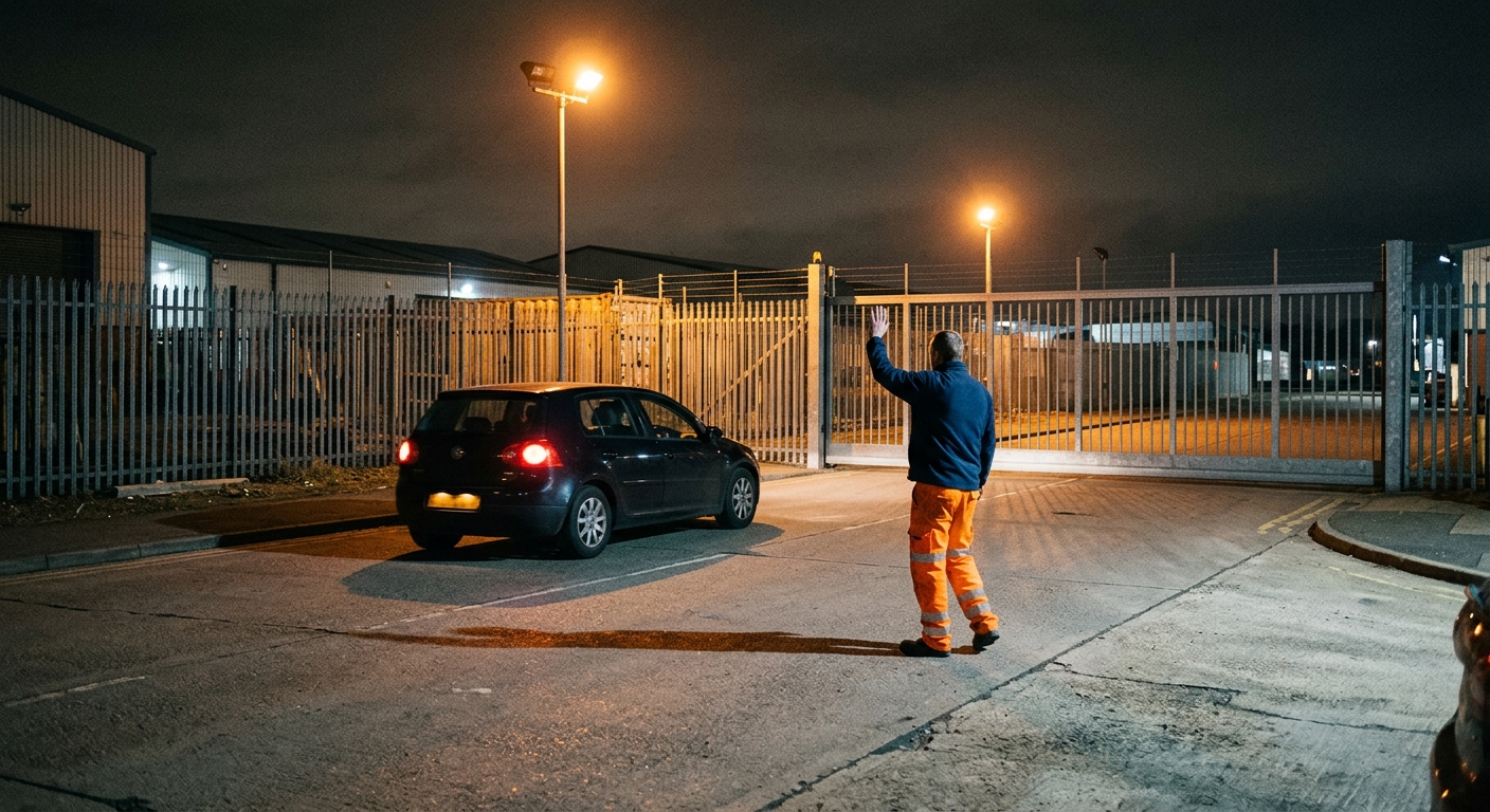 Two colleagues in hi-vis sharing a car on an early morning run to work